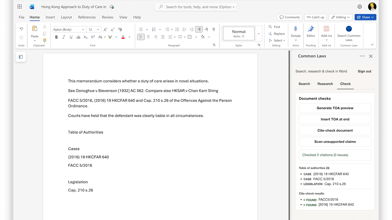 Common Laws Check tab in Word showing cite-check and table of authorities tools