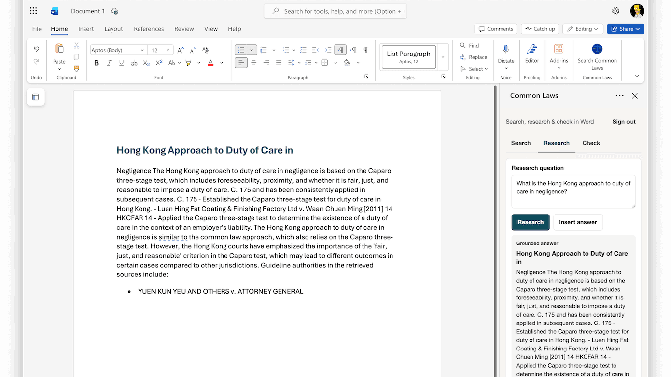 Common Laws Research tab in Word showing a grounded answer with cited Hong Kong sources