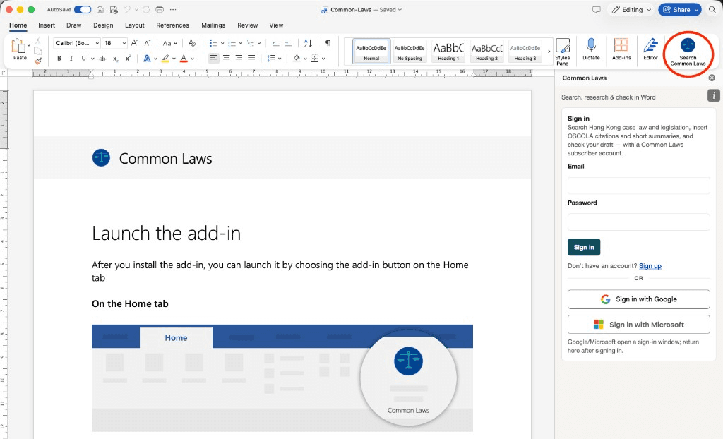 Microsoft Word Home tab with the Search Common Laws ribbon button highlighted