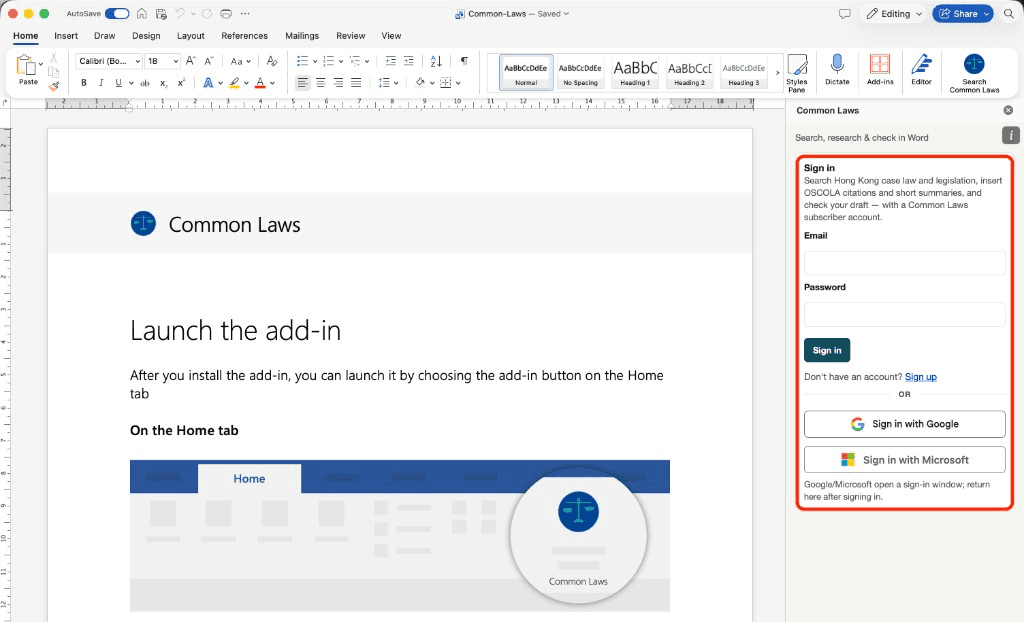 Common Laws Word add-in sign-in panel with email, password, and Google or Microsoft options
