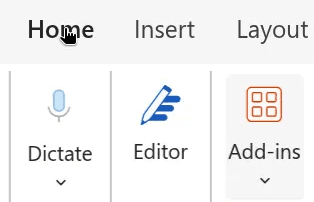 The Word ribbon with the Home tab open and the Add-ins button highlighted.